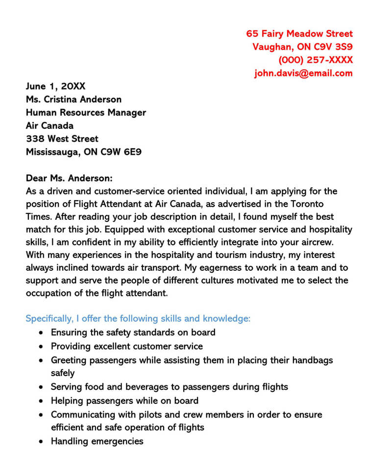 Free Flight Attendant Cover Letter for Canada for Word