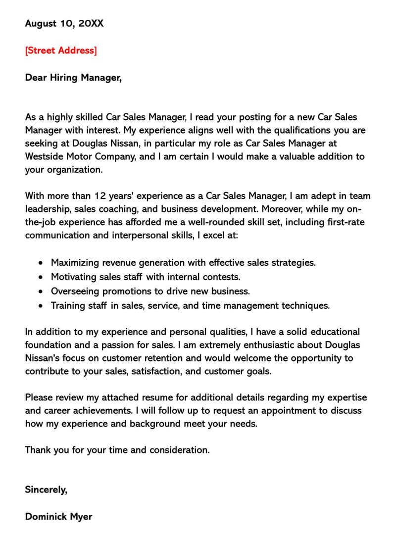 Free Car Sales Cover Letter Sample 01 for Word File