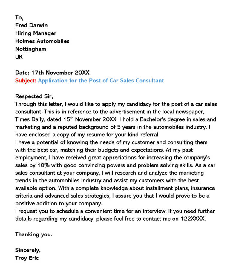 Editable Car Sales Cover Letter Sample 02 for Word File