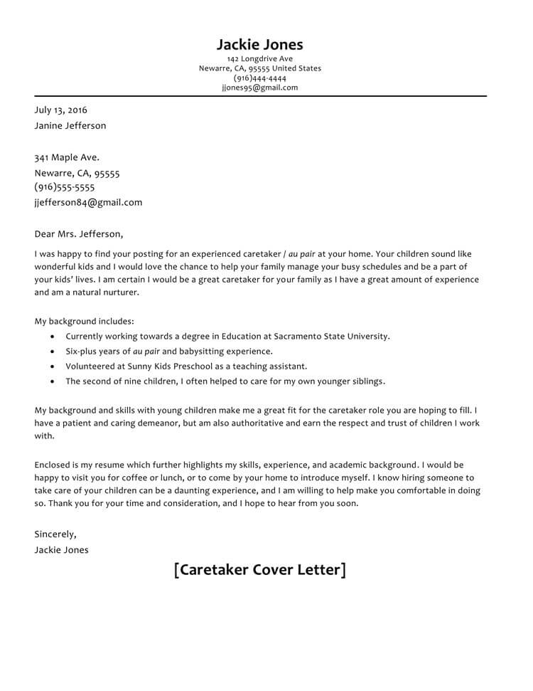 Free Editable Caretaker Cover Letter Sample