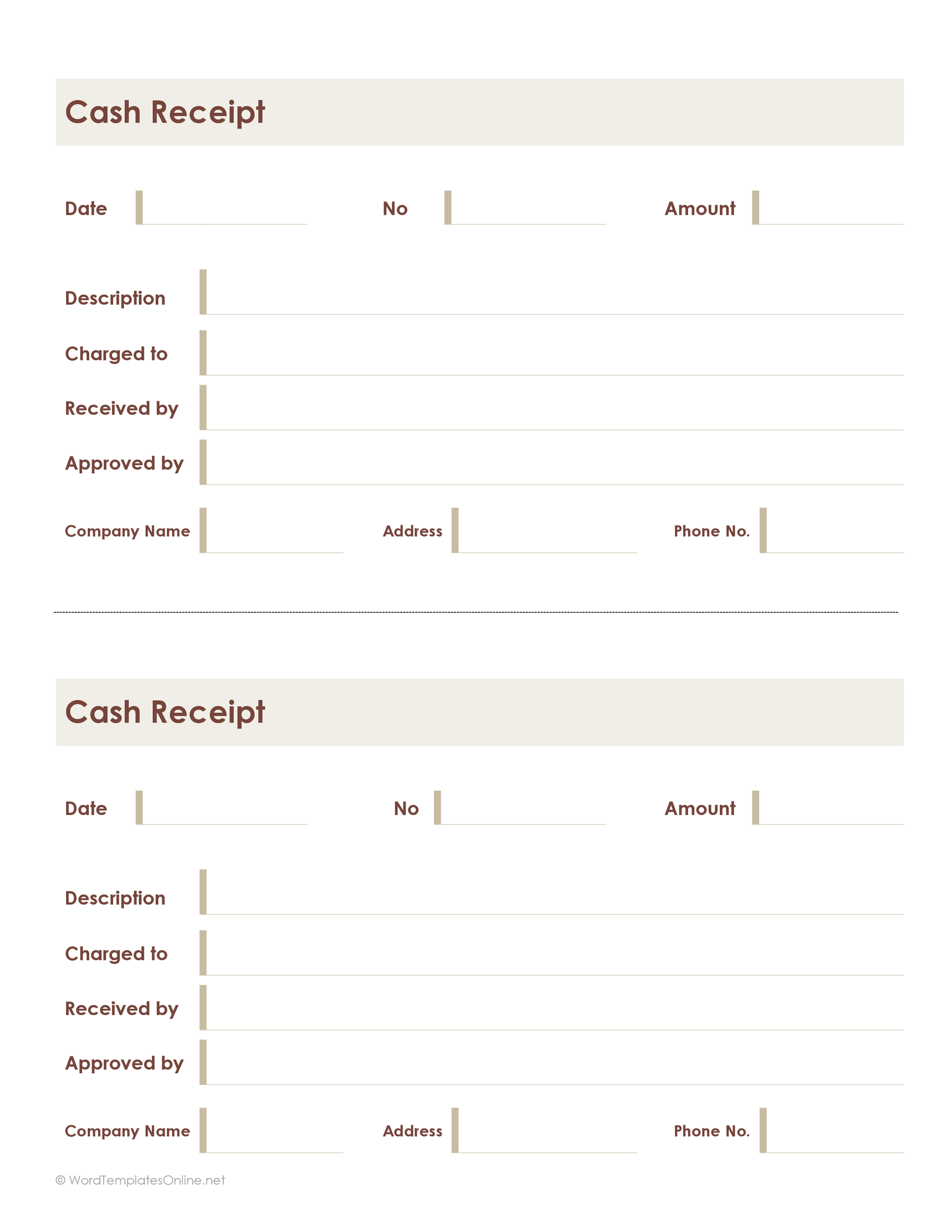 Customizable 2 in 1 Cash Receipt Template 08 for Word Document