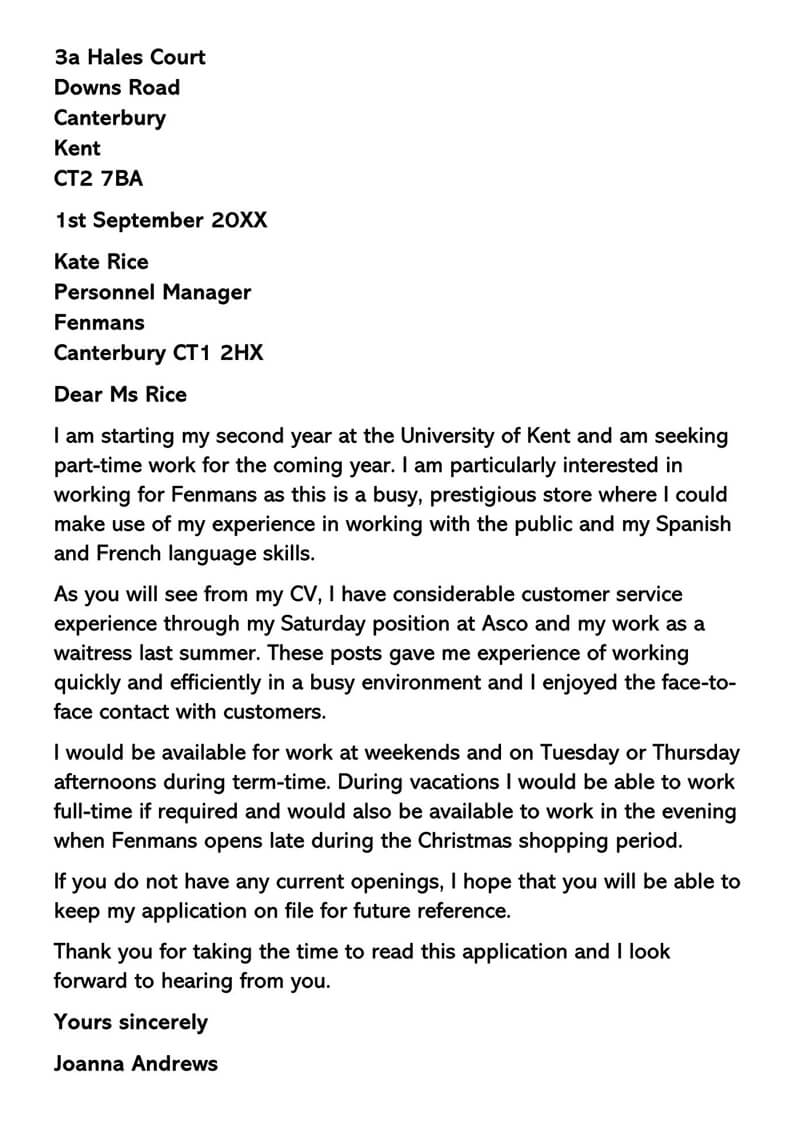 student part time job cover letter
