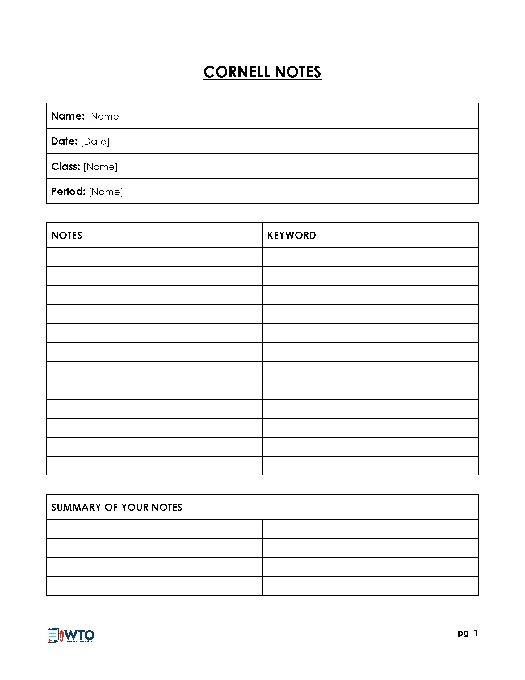 Printable Cornell Note-Taking Template 22 for Word File