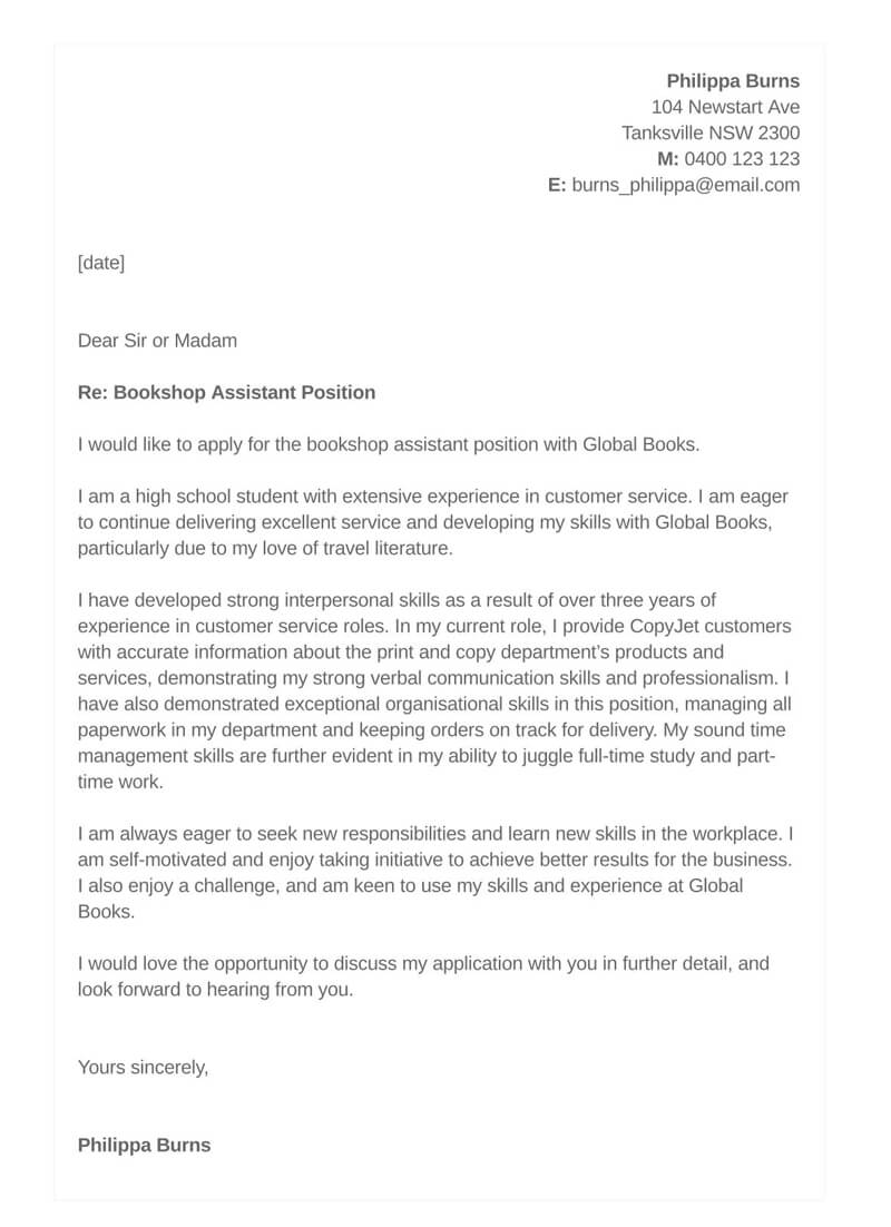 example of application letter for part time job