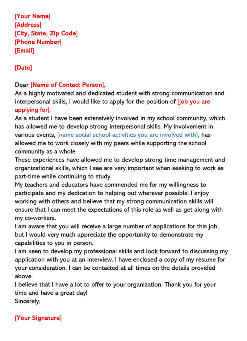 Free Job Cover Letter for High School Student for Word File