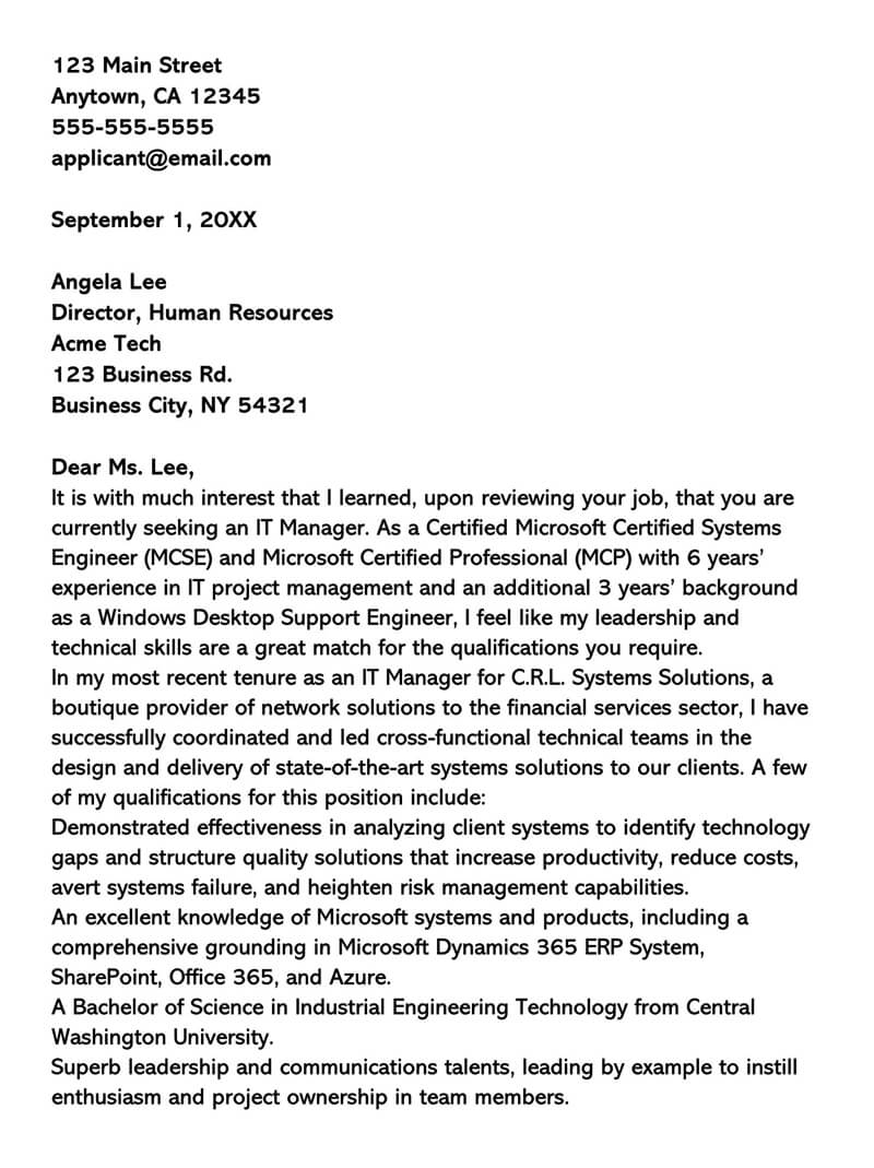 Free Printable IT Manager Cover Letter Sample 03 for Word File