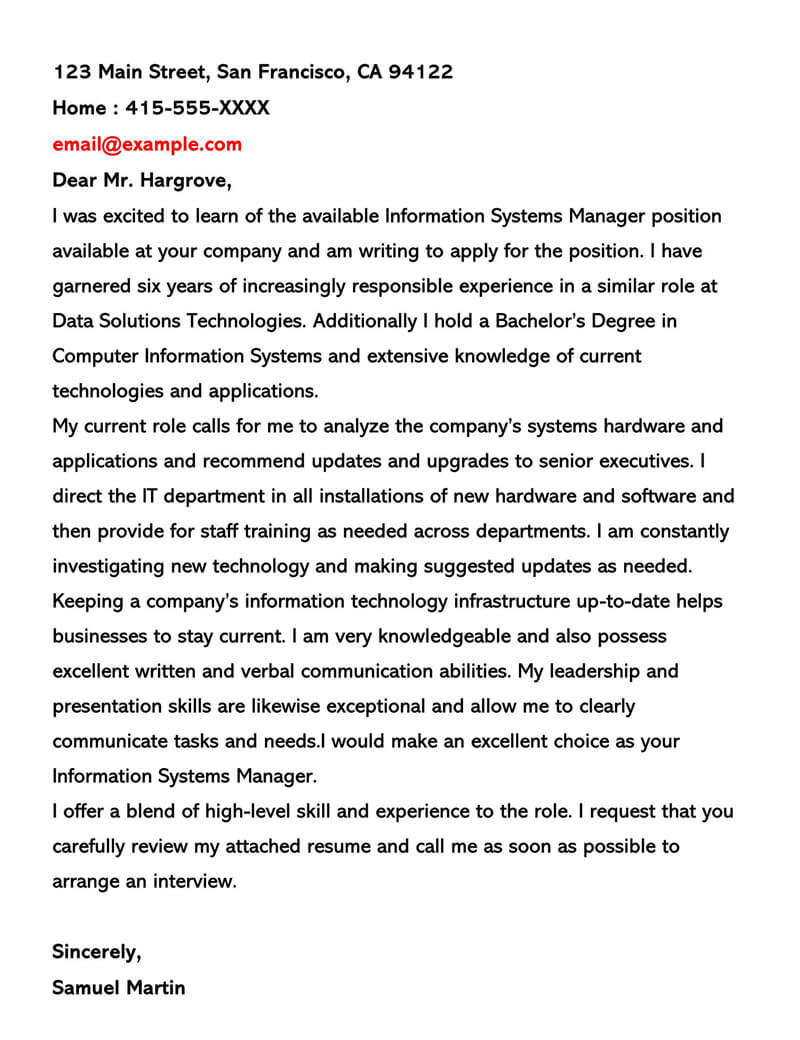 Free Printable Information System Manager Cover Letter Sample for Word File