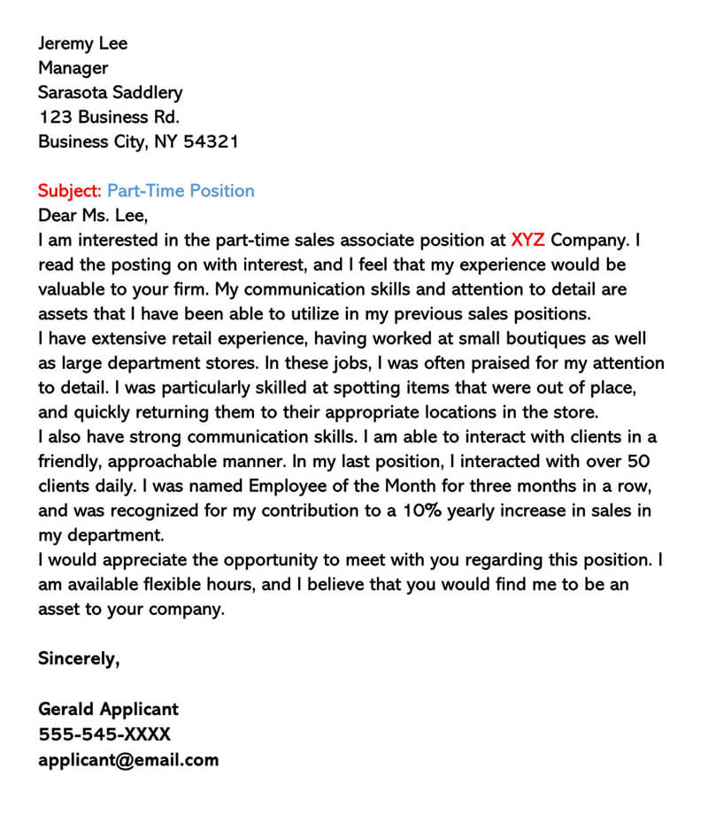 sample cover letter for part time job application