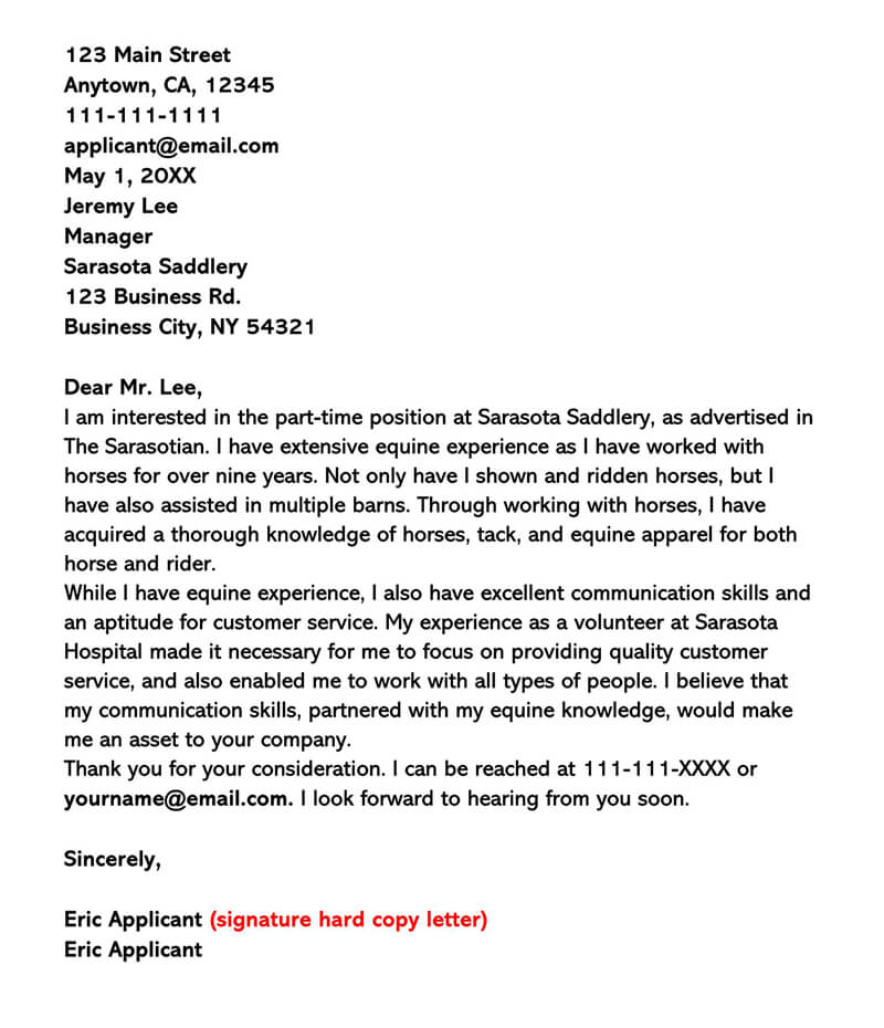 sample cover letter for part time job application