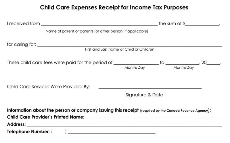 Free Printable Daycare Tax Receipt Template as Pdf Format