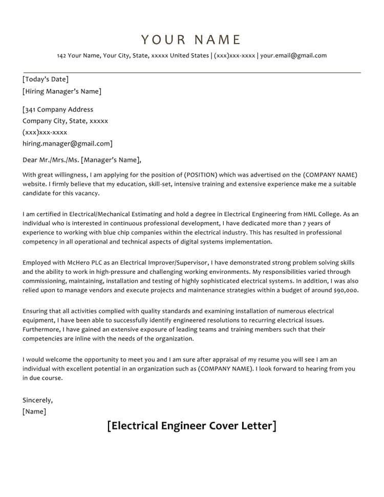 resume cover letter for electrical engineer