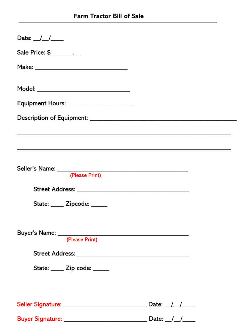 Printable Farm Tractor Bill of Sale Form 01 for Word Format