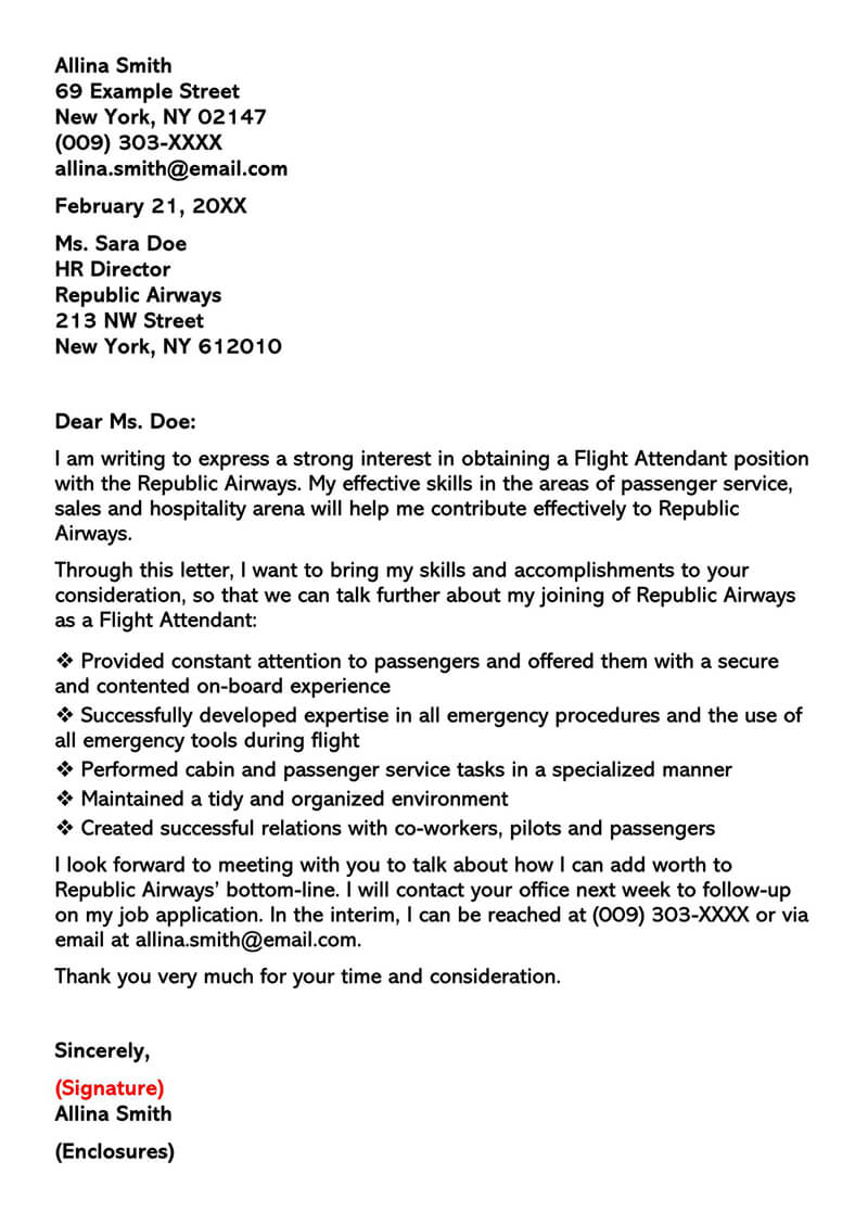 cover letter for stewardess position