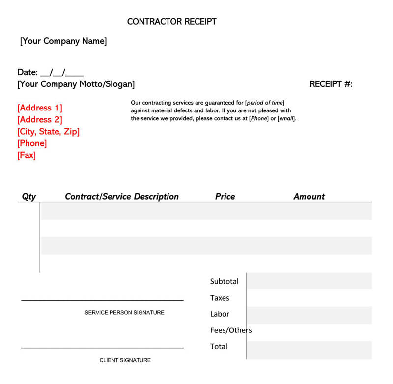 18 FREE Contractor Receipt Templates Word PDF 