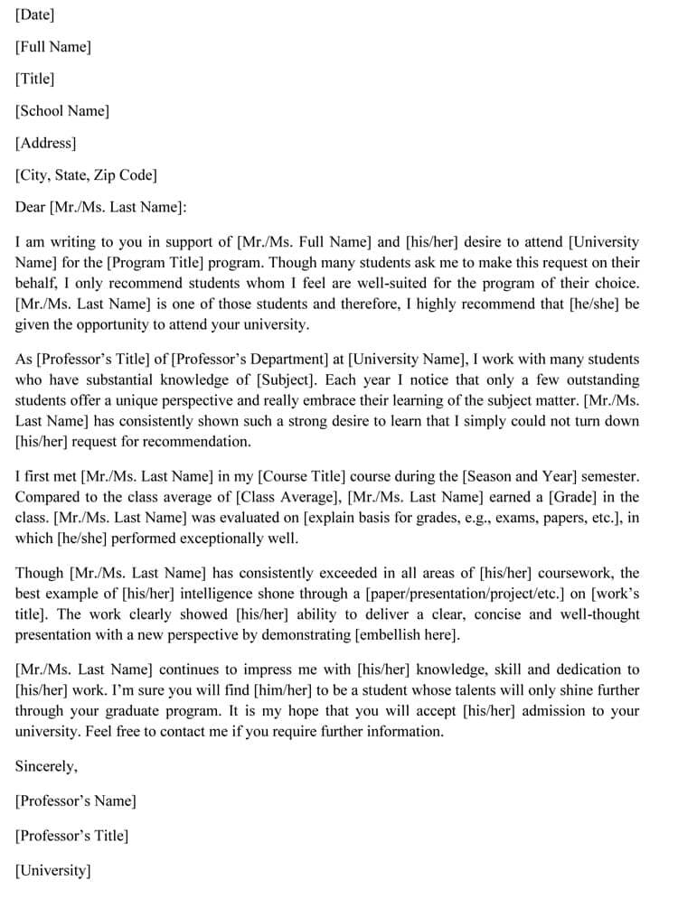 graduate application letter of recommendation