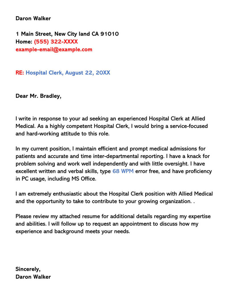 Editable Clerical Cover Letter Sample 10 for Word
