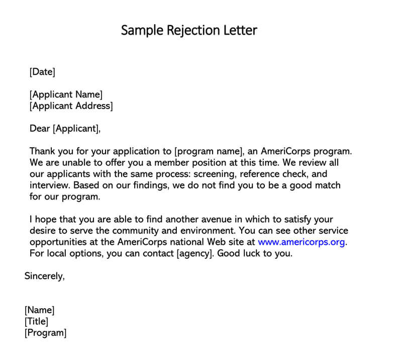 job application rejection letter
