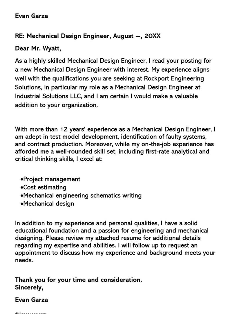 Free Downloadable Mechanical Design Engineer Cover Letter Sample for Word File