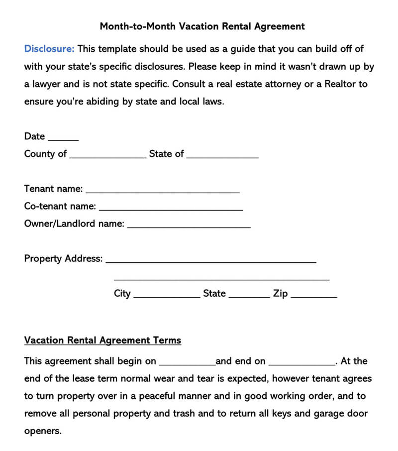 Free Month-to-Month Vacation Rental Lease Agreement Sample