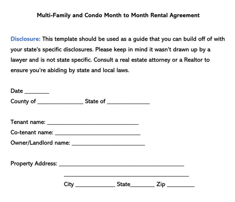 Editable Multi Family and Condo Month-to-Month Rental Agreement Sample