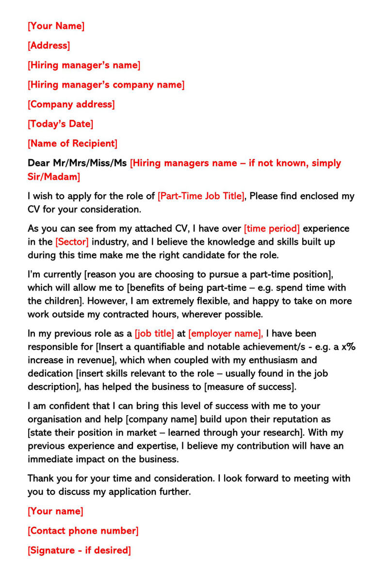 part time job application letter examples