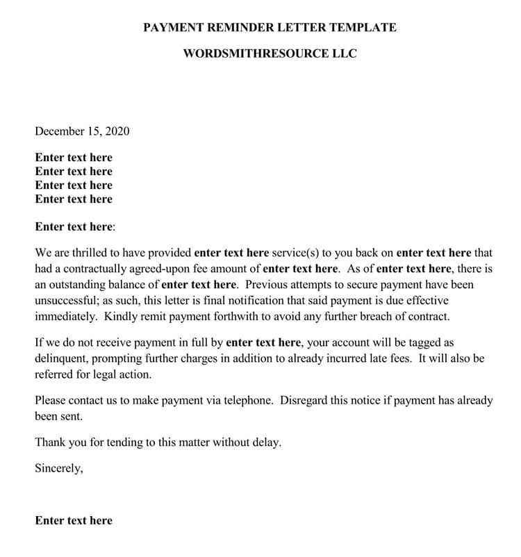 Great Downloadable Wordsmith Payment Reminder Letter Template for Pdf File