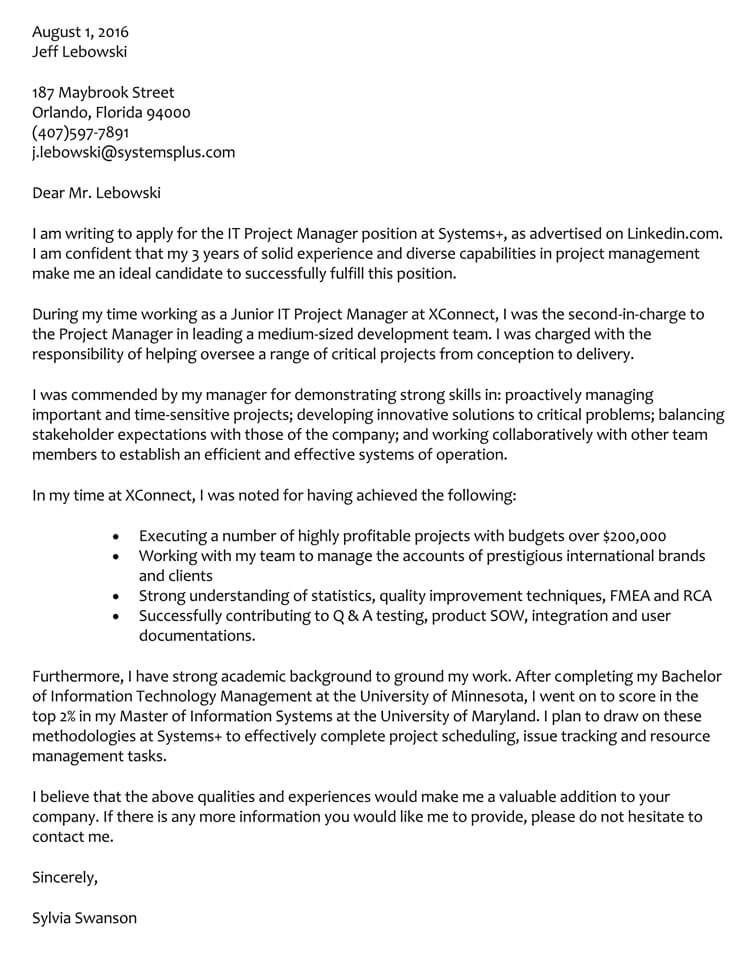 sample application letter for project manager position