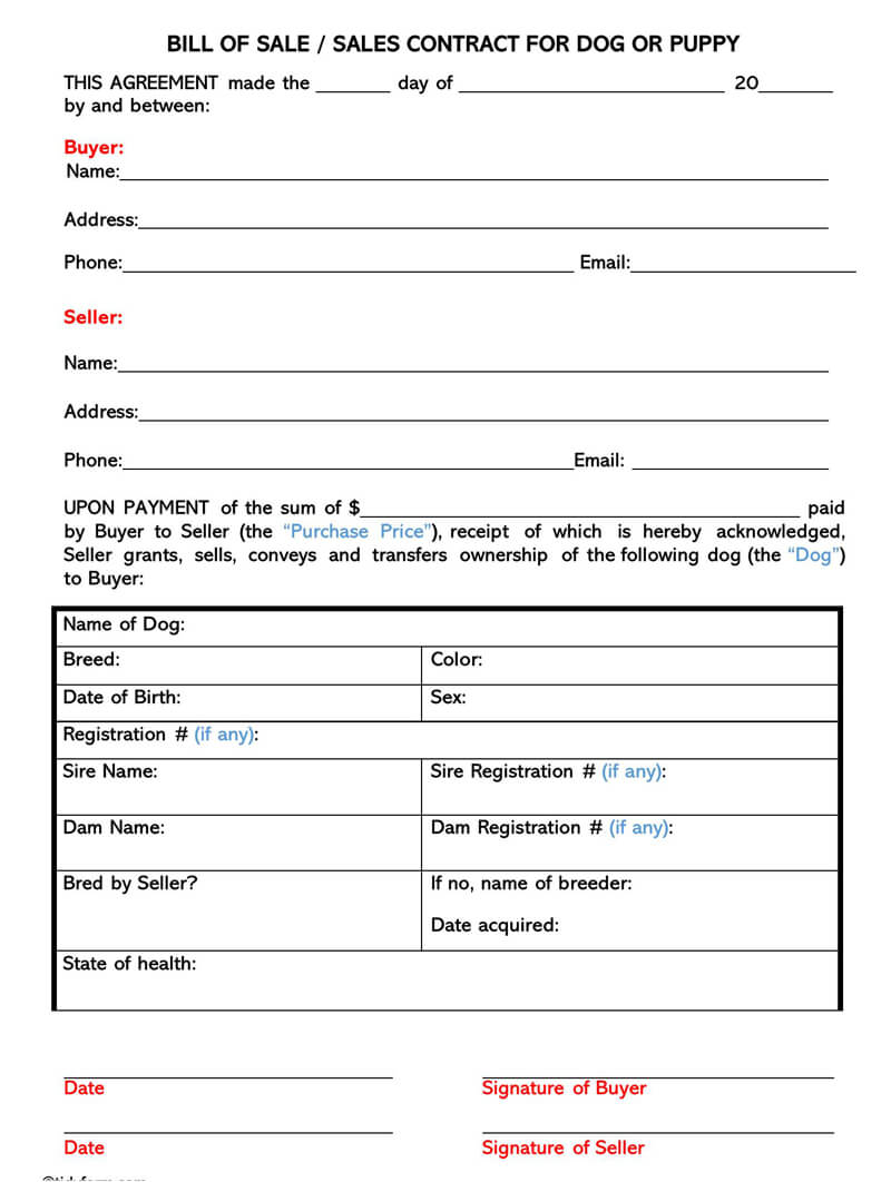 Free Dog Bill of Sales Contract Form 02 for Word Document