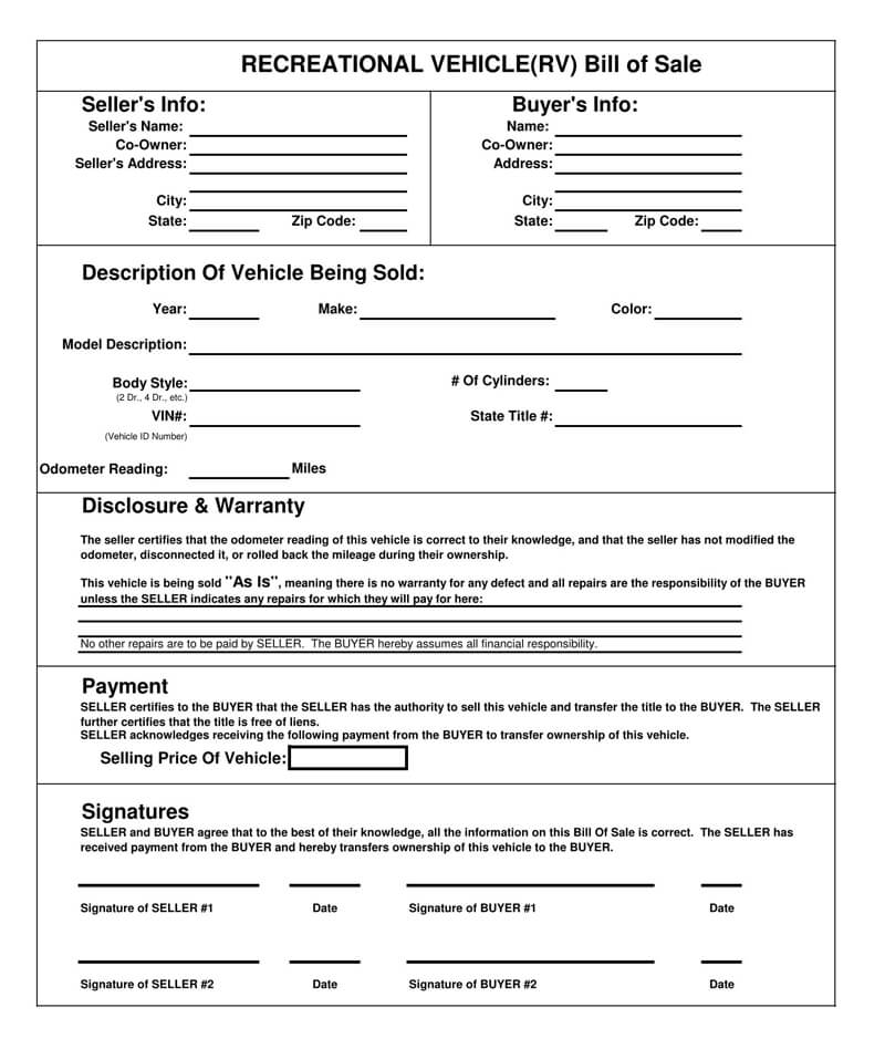 Recreational Vehicle (RV) Bill of Sale Forms Word PDF
