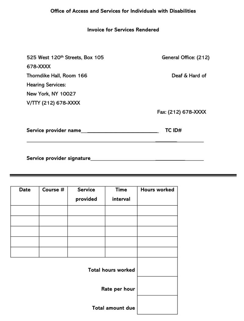 Printable Rendered Service Receipt Sample for Word Format