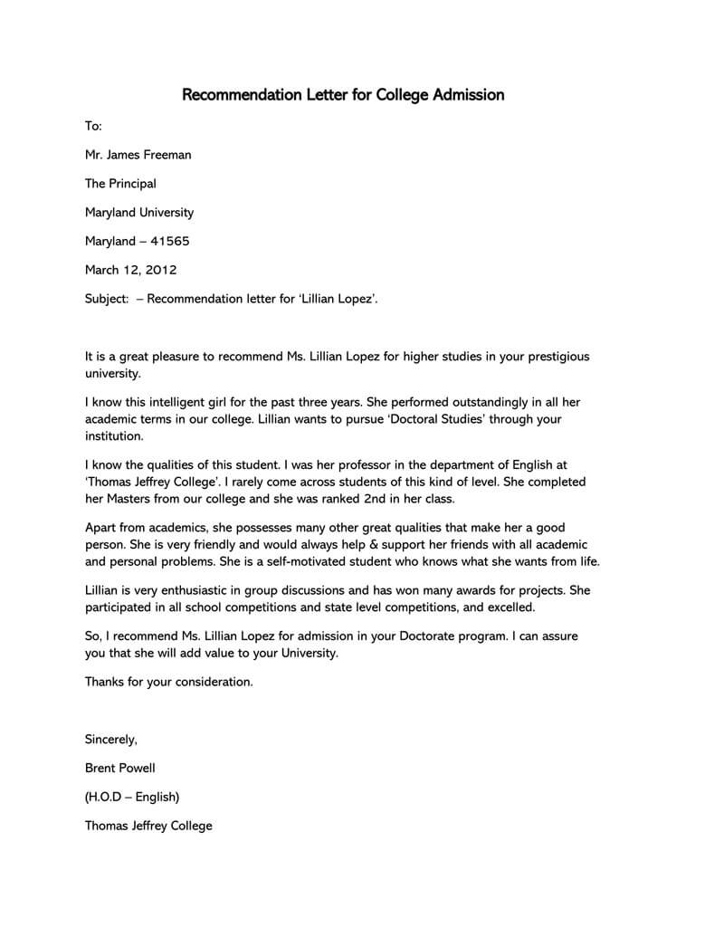 college application letter of recommendation template