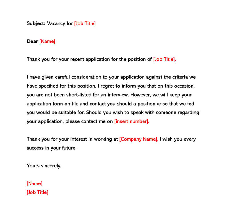 Free Downloadable Rejection Letter Before Interview Sample 02 for Word File