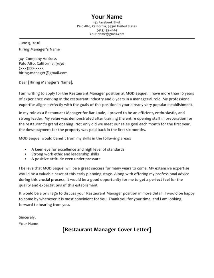 cover letter for a restaurant manager