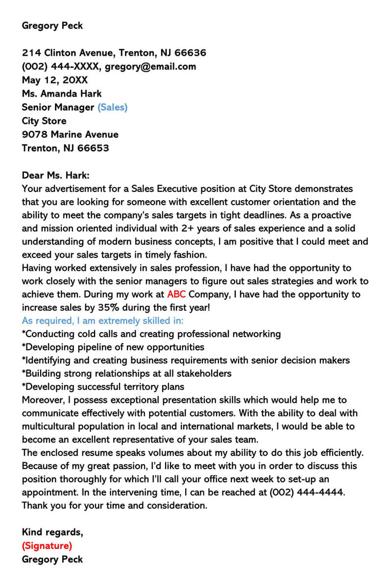 sales manager cover letter examples