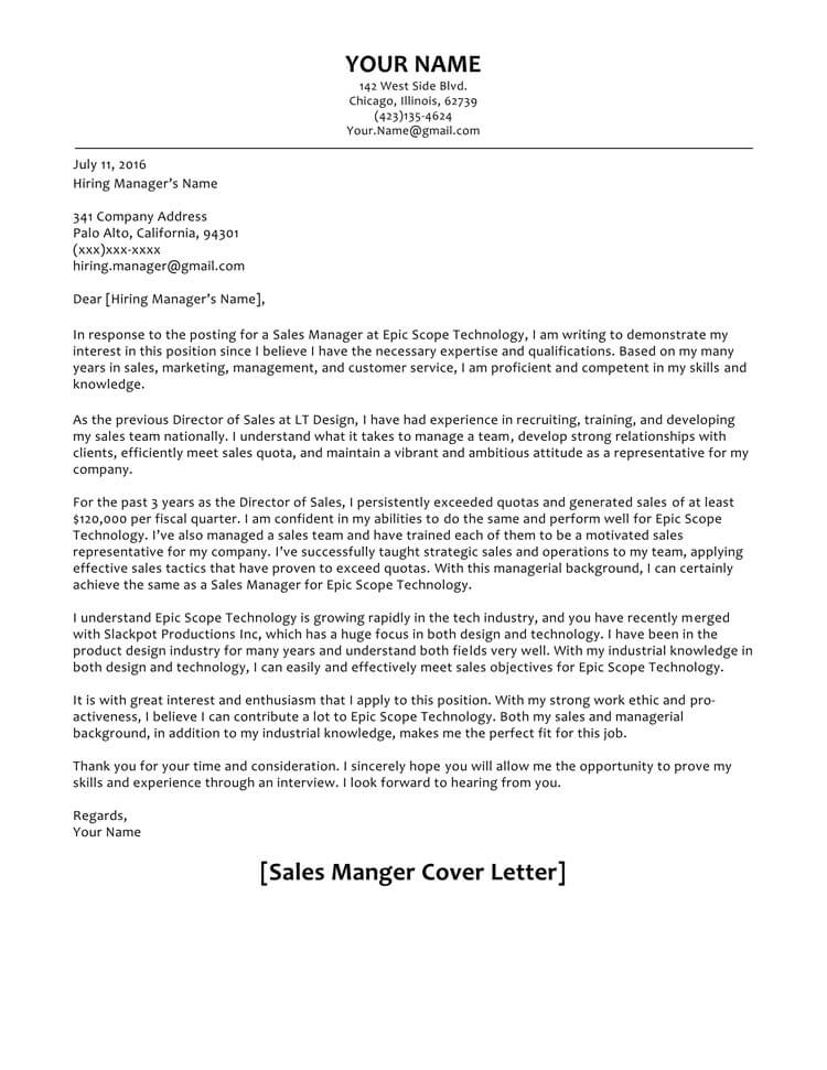 Free Cover Letter Example for Sales Manager