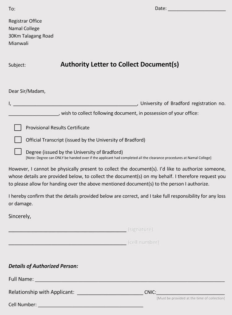 Free Authorization Letter to Collect Documents Template 03 as Pdf Format