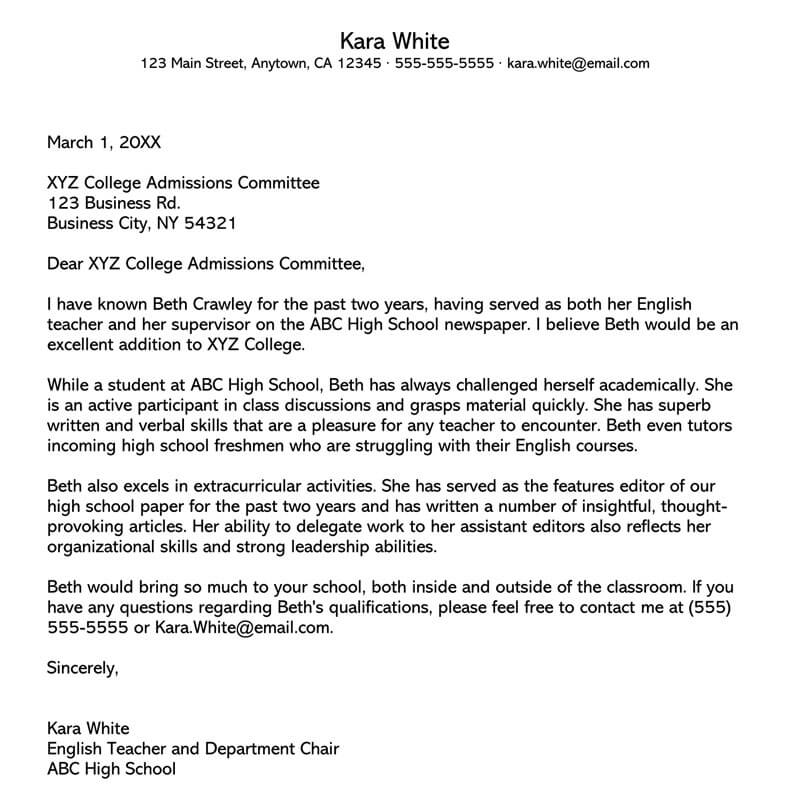 Editable College Recommendation Letter Sample 02 for Word File