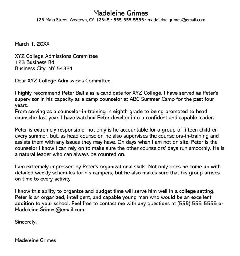 Letter Of Recommendation Template College