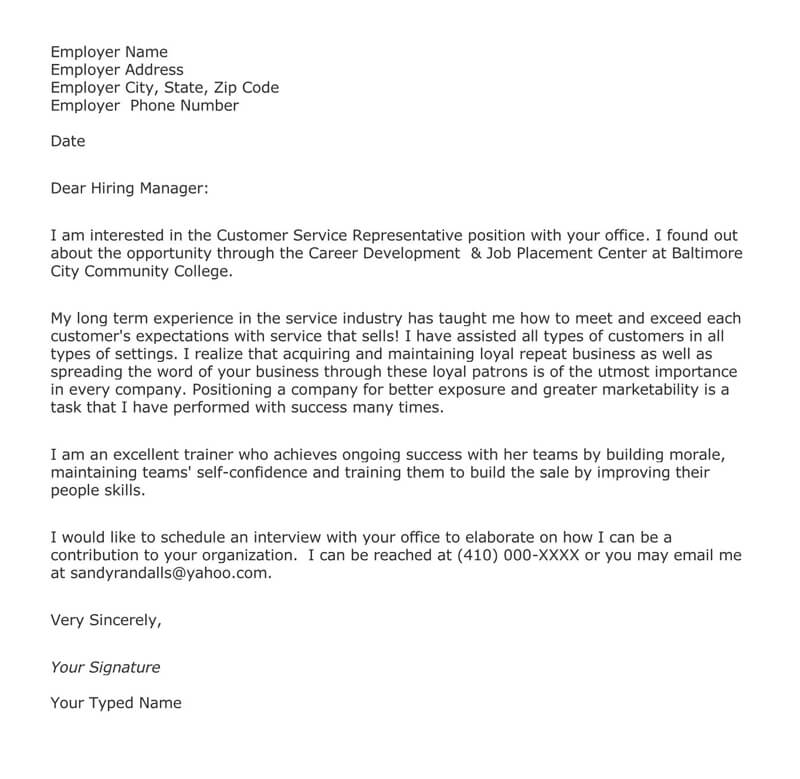 cover letter by email examples