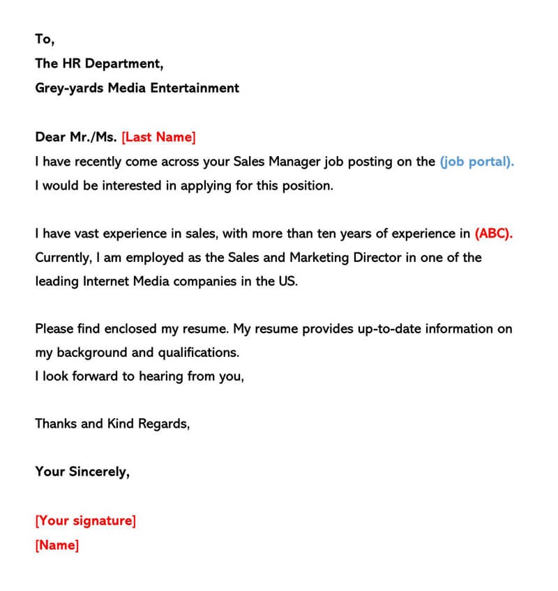 cover letter by email examples