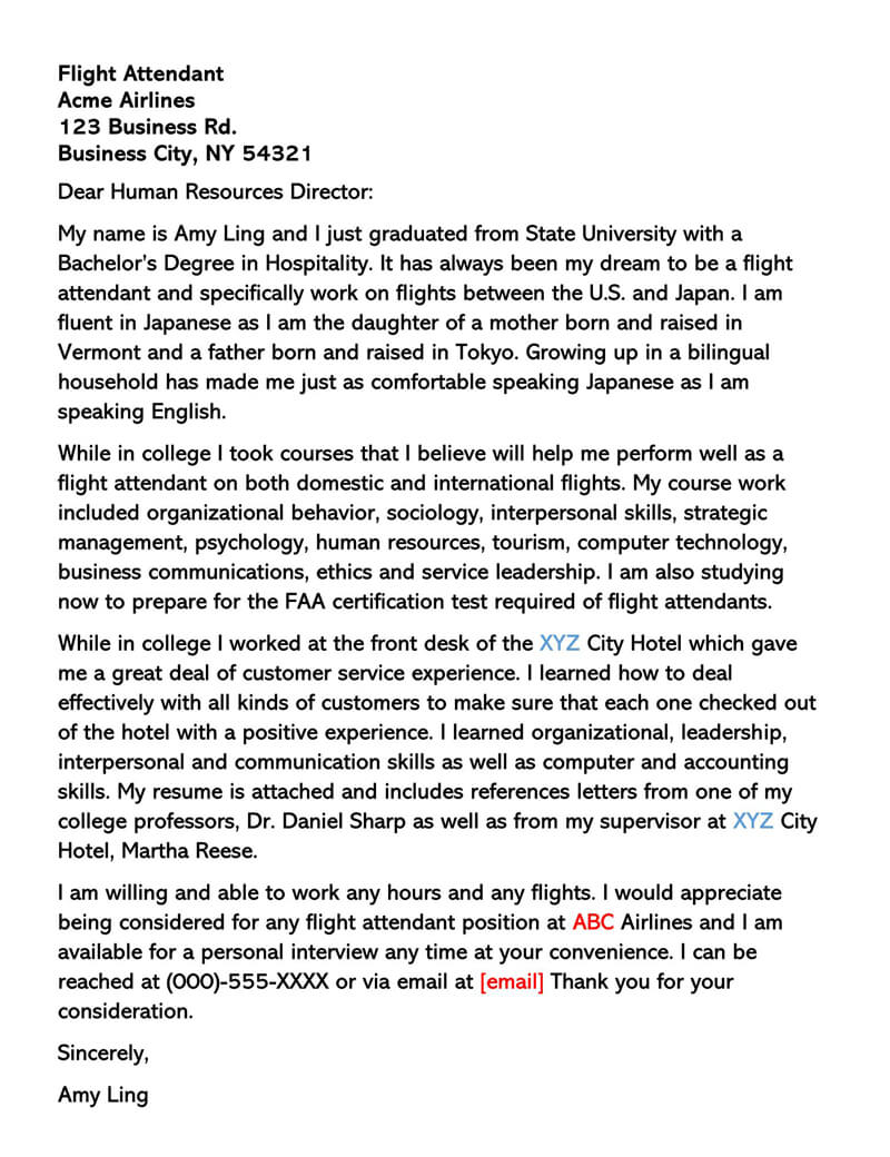 Editable Flight Attendant Cover Letter Sample 15 for Word
