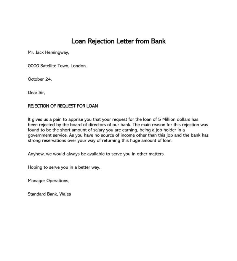 Great Professional Bank Directors Loan Application Rejection Letter Sample for Word Format
