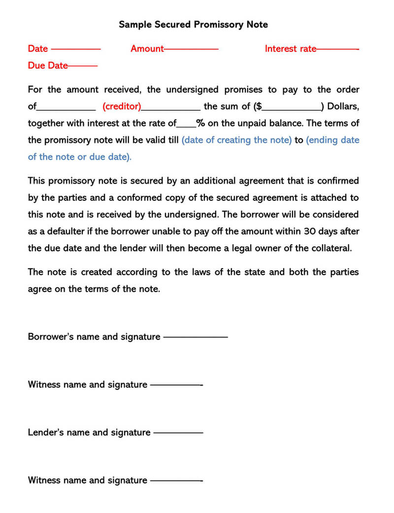 Free Secured Promissory Note Template
