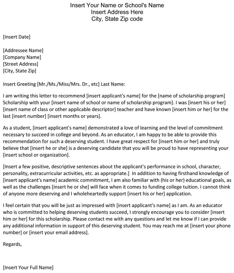 Free Printable School Scholarship Recommendation Letter Template 04 for Pdf File