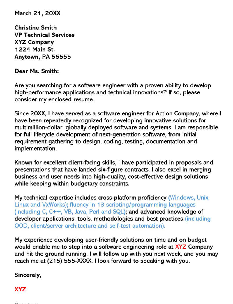 cover letter for software engineer with experience