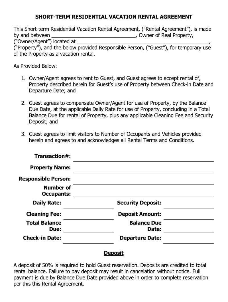 Printable Short-Term Residential Vacation Rental Agreement Template for PDF Format