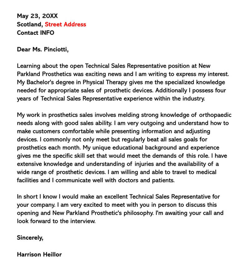 application letter for a sales representative position