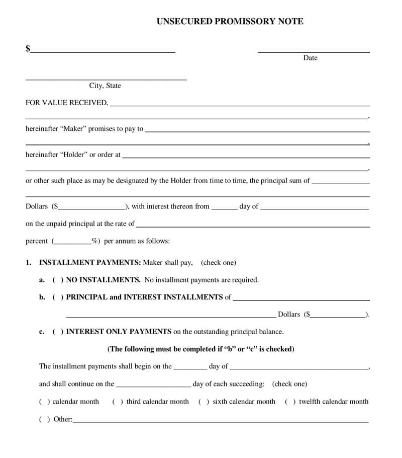 Free Unsecured Promissory Note Template
