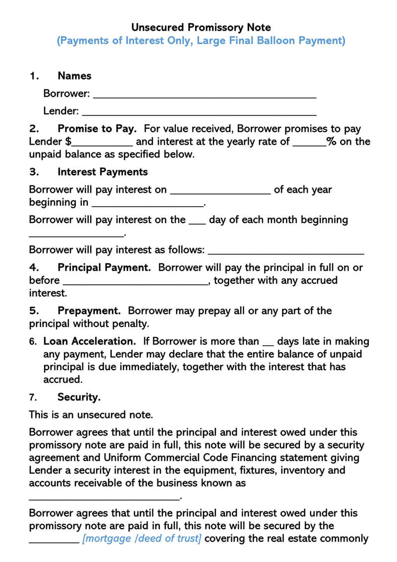 Unsecured Promissory Note Template Martin Printable Calendars