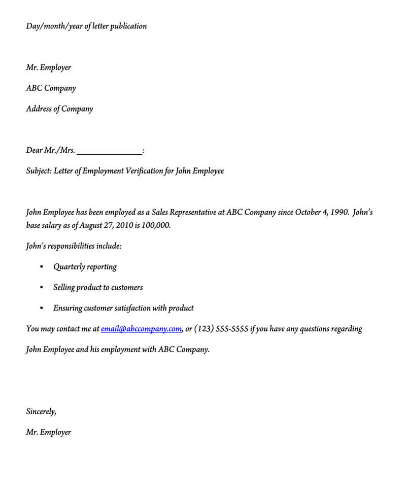 Free Sales Representative Job Verification Letter Template for Word File